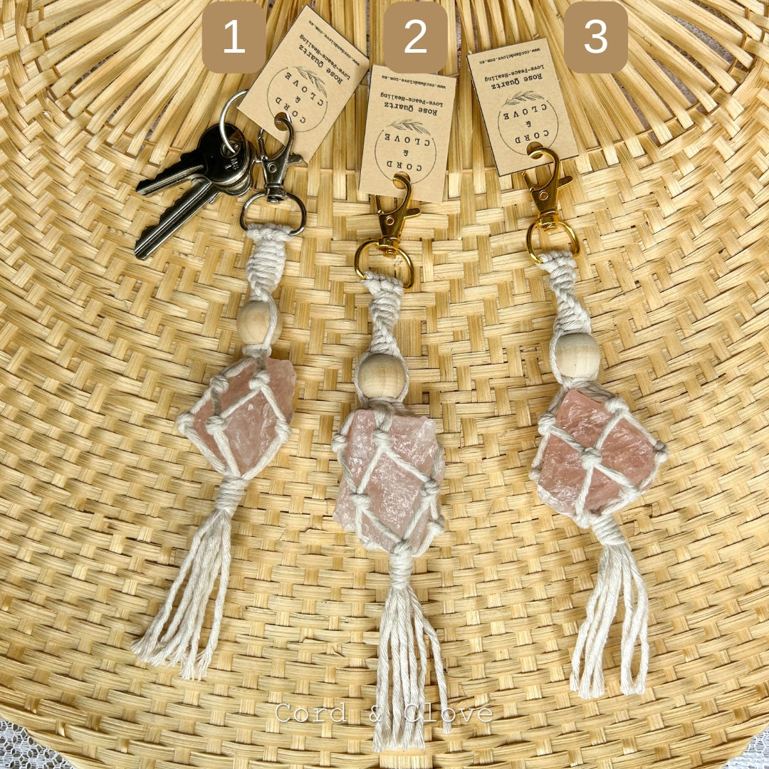 NEW! Macrame Raw Rose Quartz Keychain