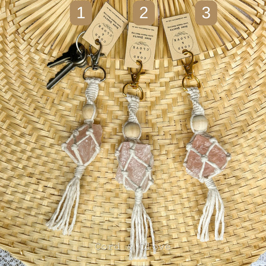 Macrame Raw Rose Quartz Keychain