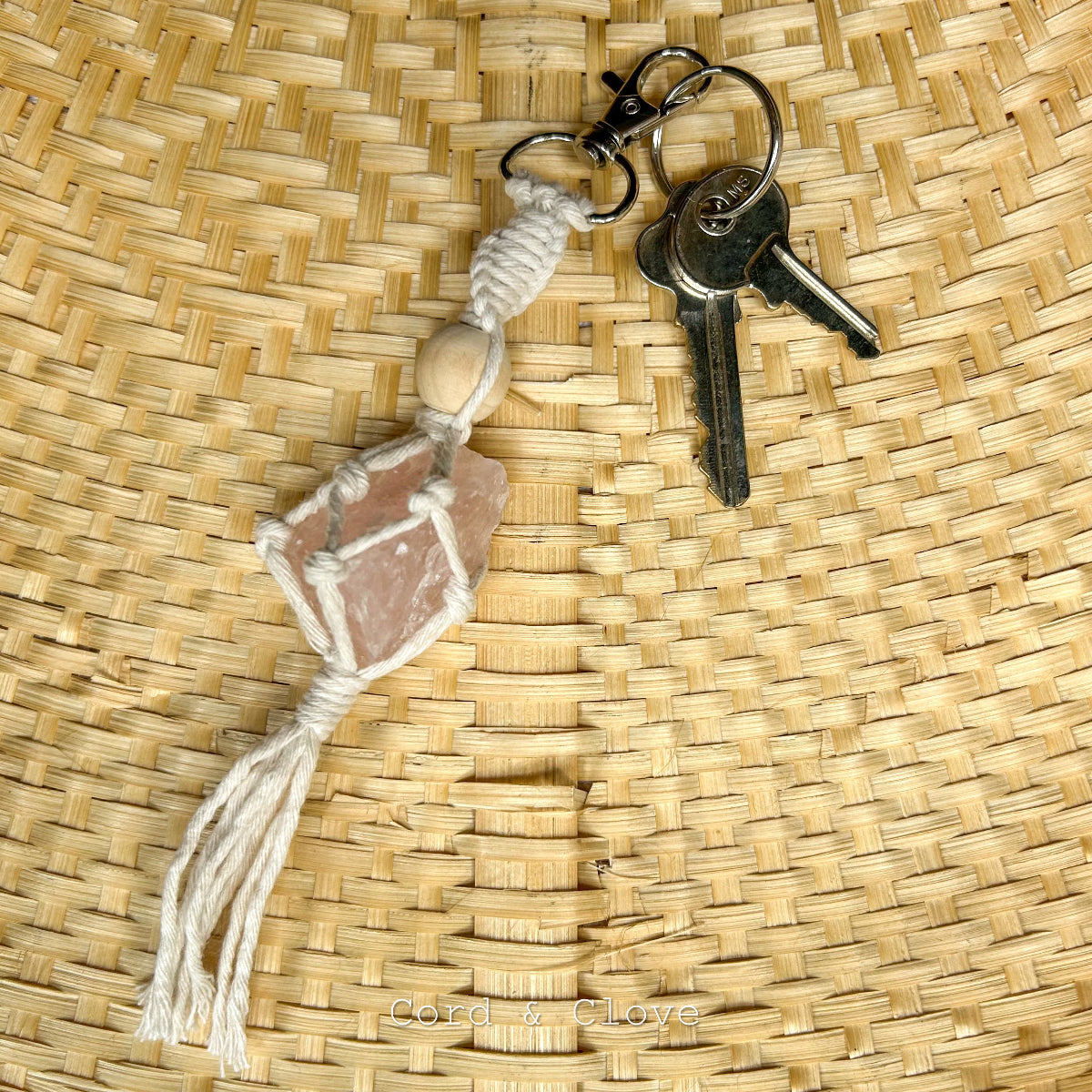 NEW! Macrame Raw Rose Quartz Keychain