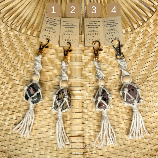 Macrame Rhodonite Crystal Keychain