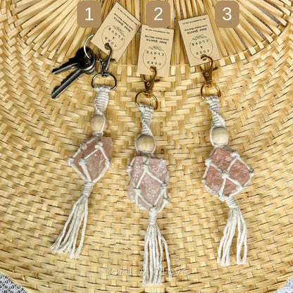 Macrame Raw Rose Quartz Keychain