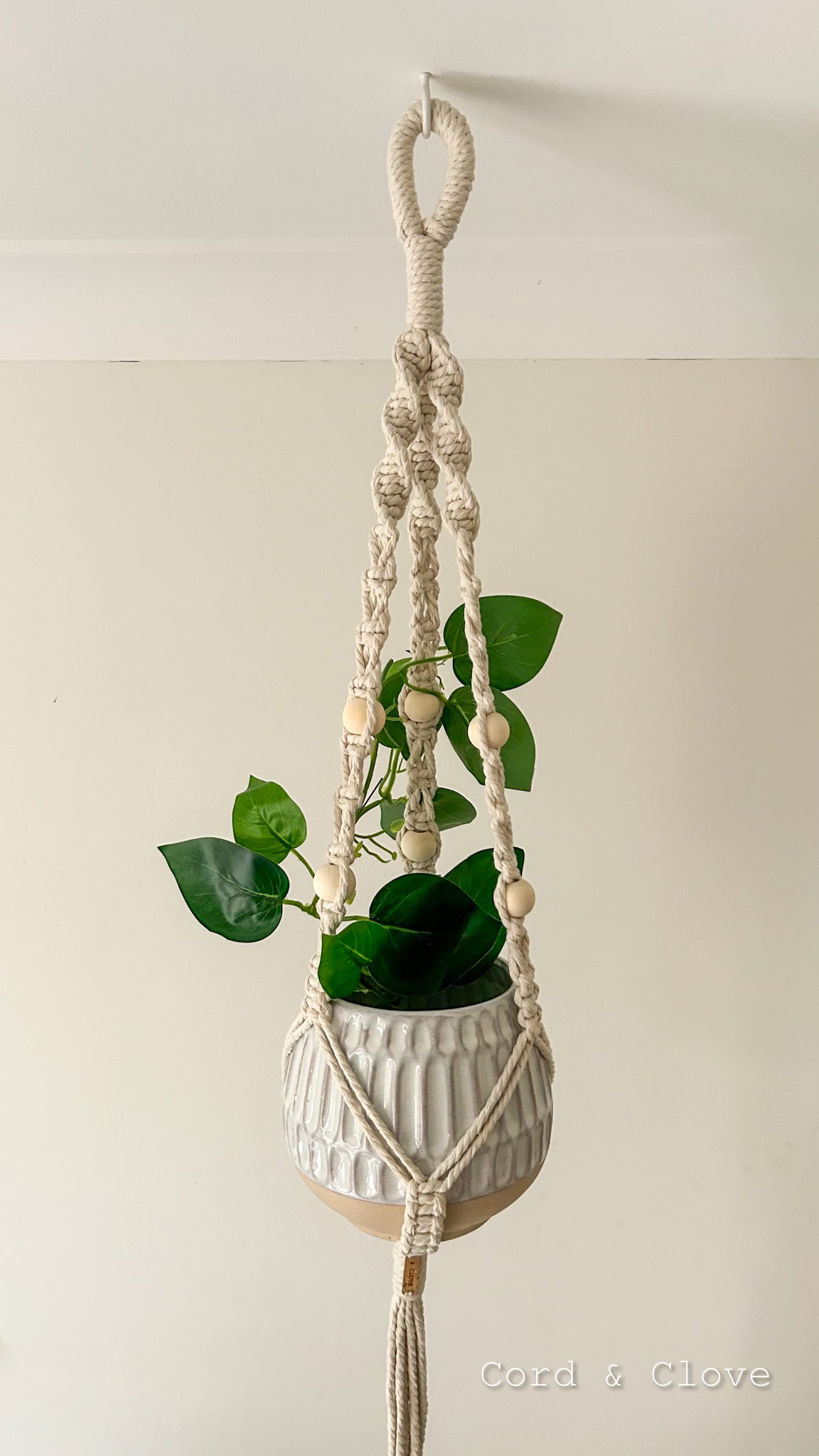 An off white macramé beaded plant hanger hanging from the ceiling with a climbing plant.