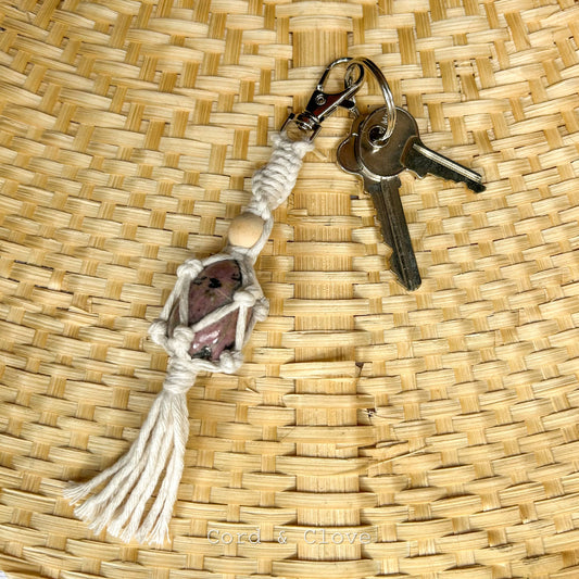 Macrame Rhodonite Crystal Keychain
